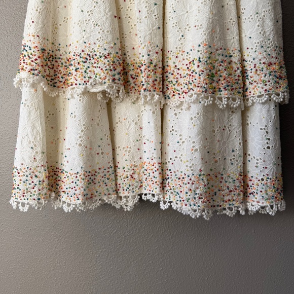 Farm Rio Eyelet Patch Multi-Color Beaded Tiered Deep-V Off-White Mini Dress M - Picture 5 of 14